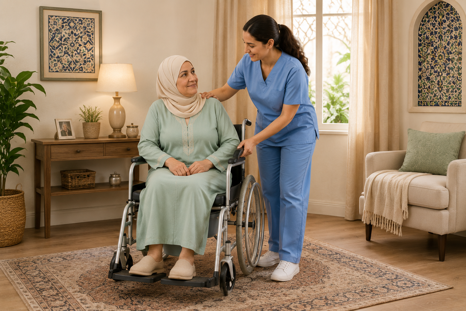 Aidante accompagnant une senior marocaine sur une chaise garde-robe à domicile