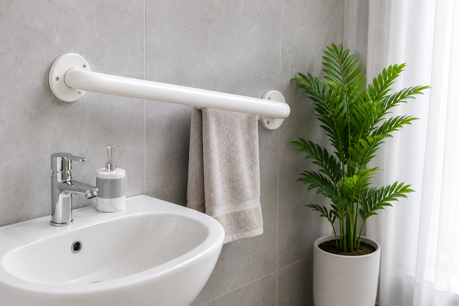 Barre d’appui installée près d’un lavabo pour sécuriser la salle de bain