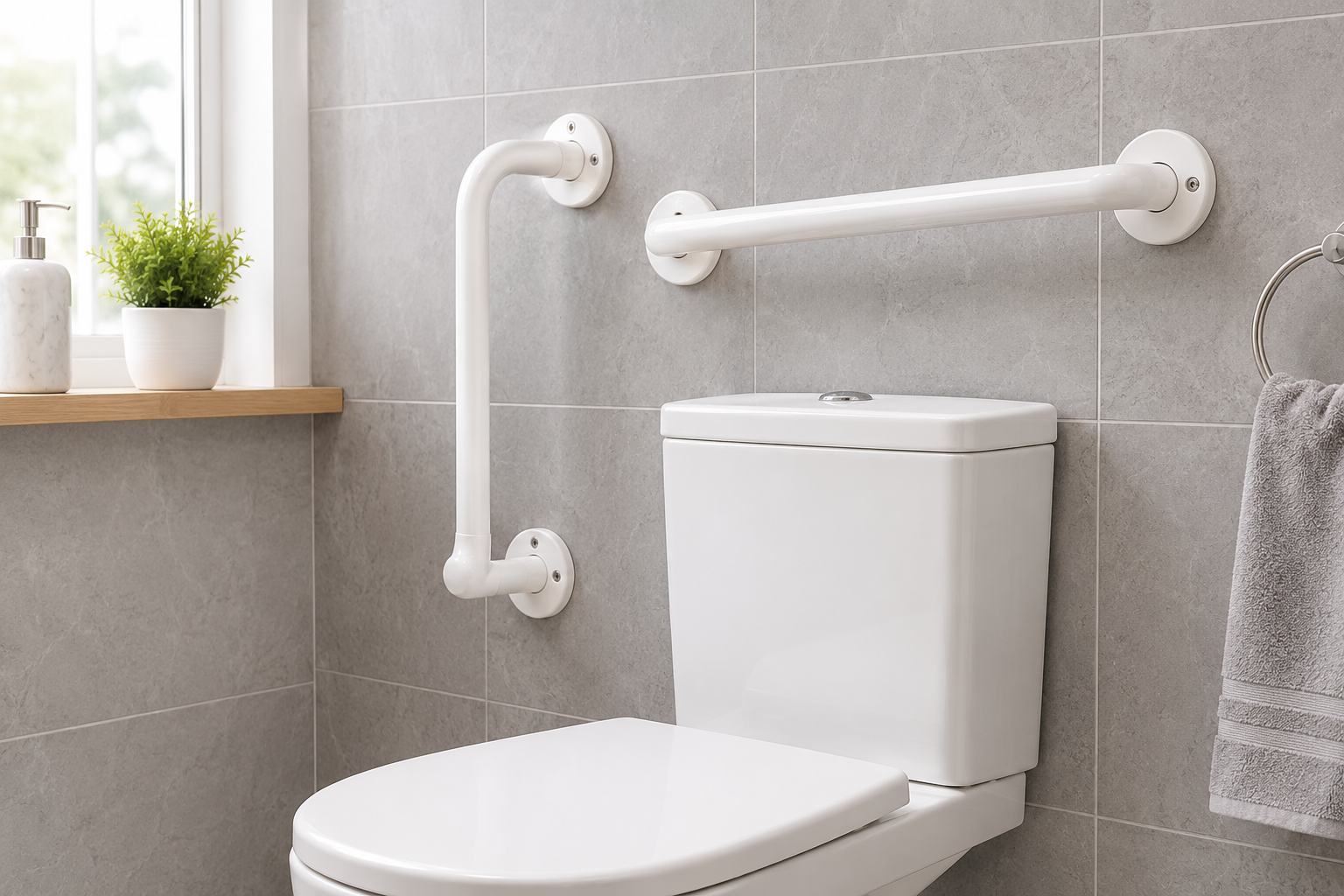 Barres d’appui blanches installées près des toilettes dans une salle de bain sécurisée