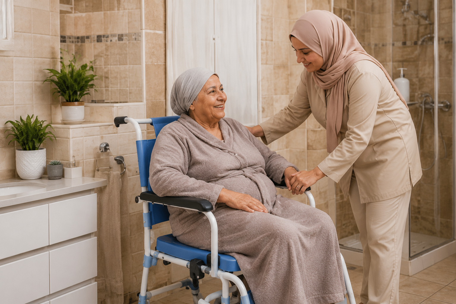 Aidante accompagnant une femme âgée installée sur une chaise de douche à roulettes à domicile au Maroc