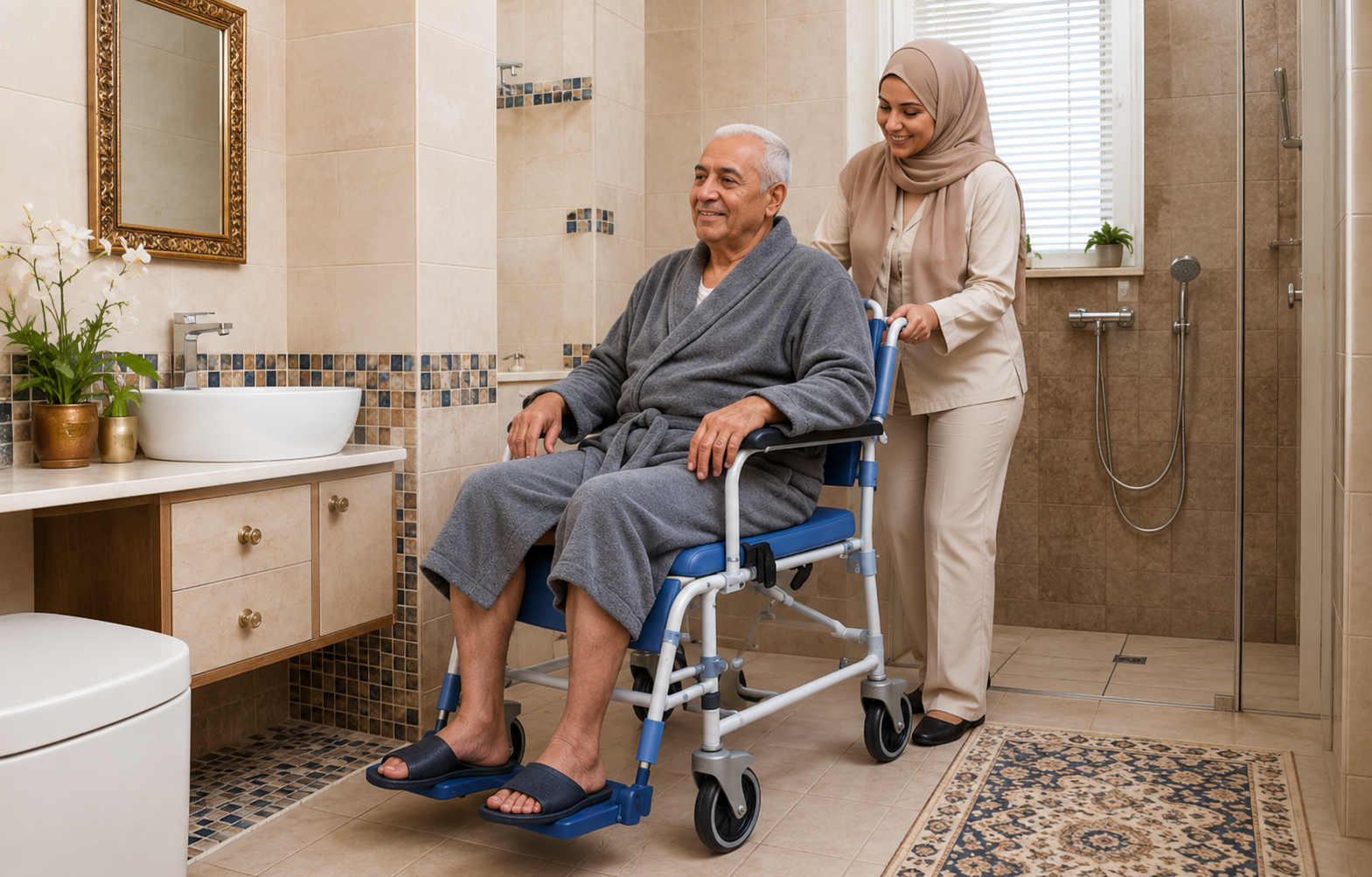 Senior utilisant une chaise de douche à roulettes avec l’aide d’une aidante à domicile au Maroc