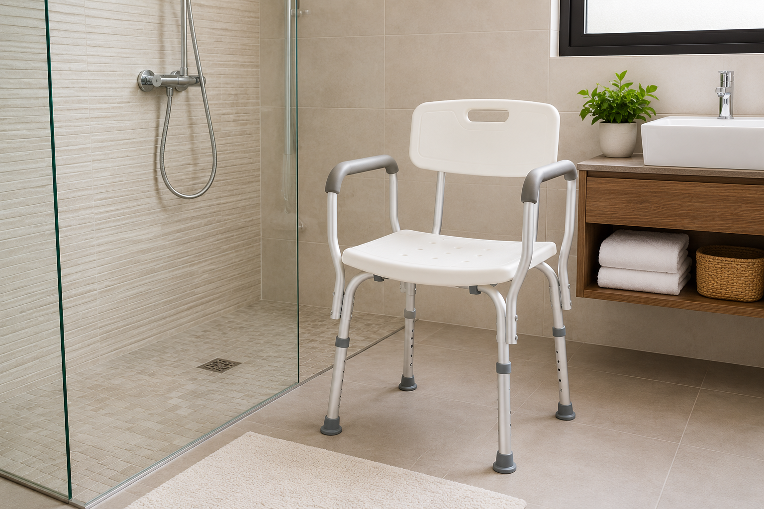 Chaise de douche avec accoudoirs dans une salle de bain - Oxymedic Maroc