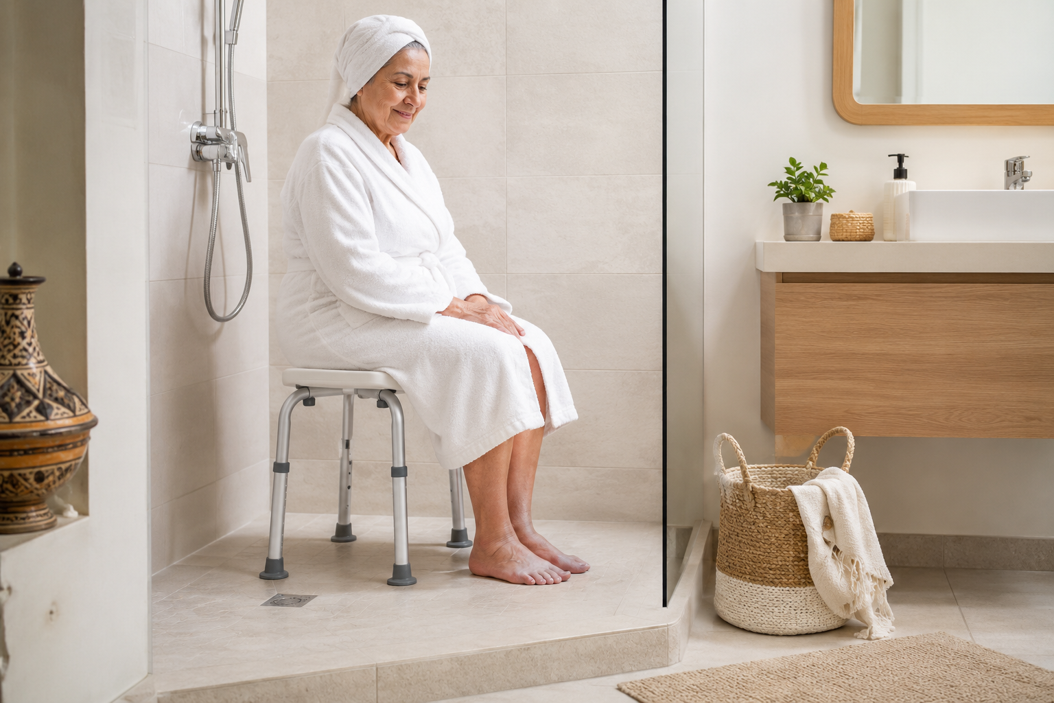 Senior utilisant une chaise de douche dans une salle de bain au Maroc - Oxymedic