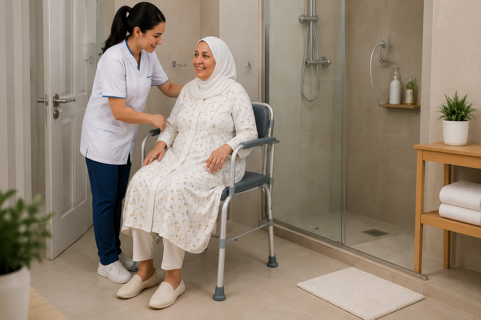 Accompagnement à domicile avec chaise de douche Oxymedic Maroc