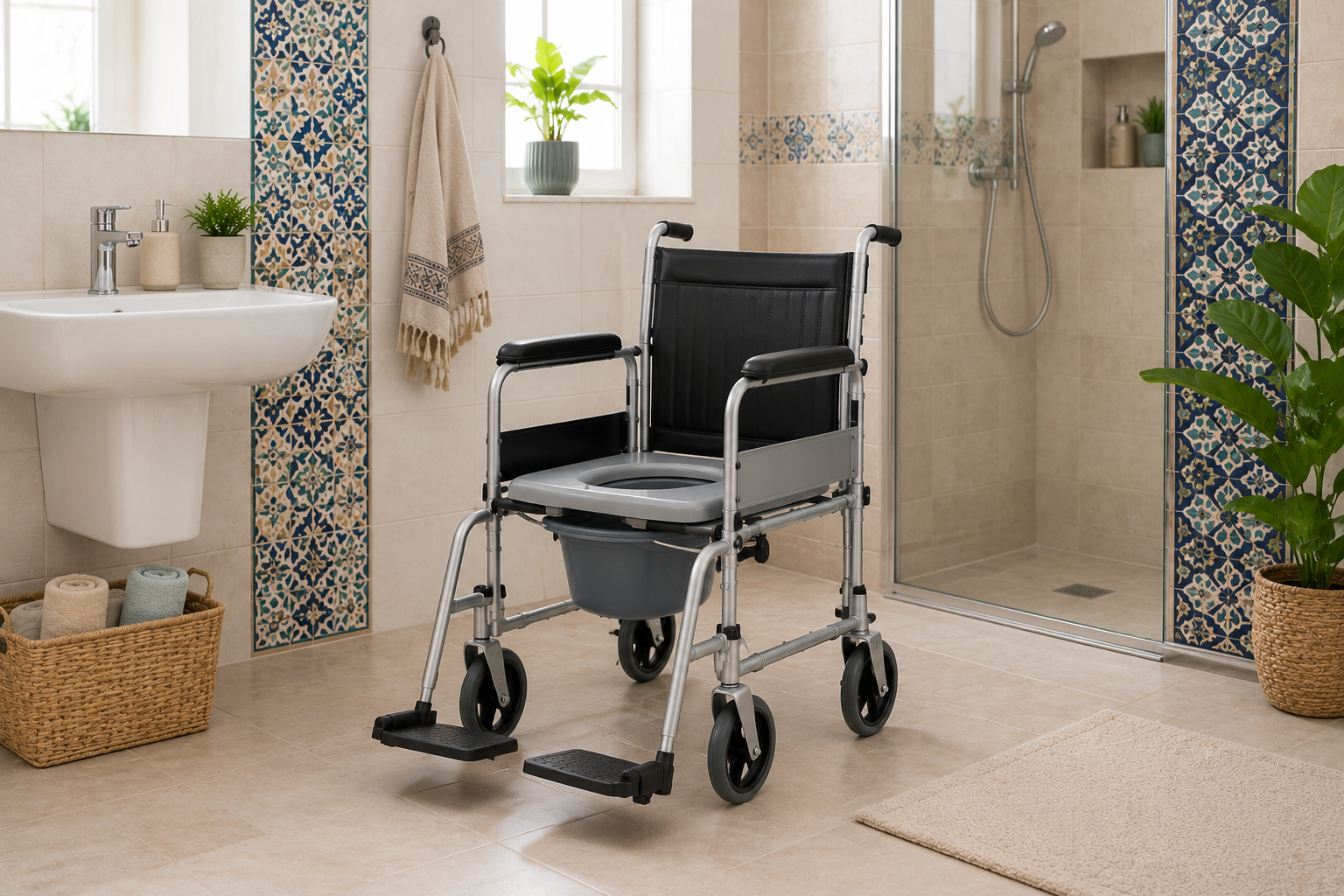 Chaise garde-robe roulante installée dans une salle de bain à domicile au Maroc
