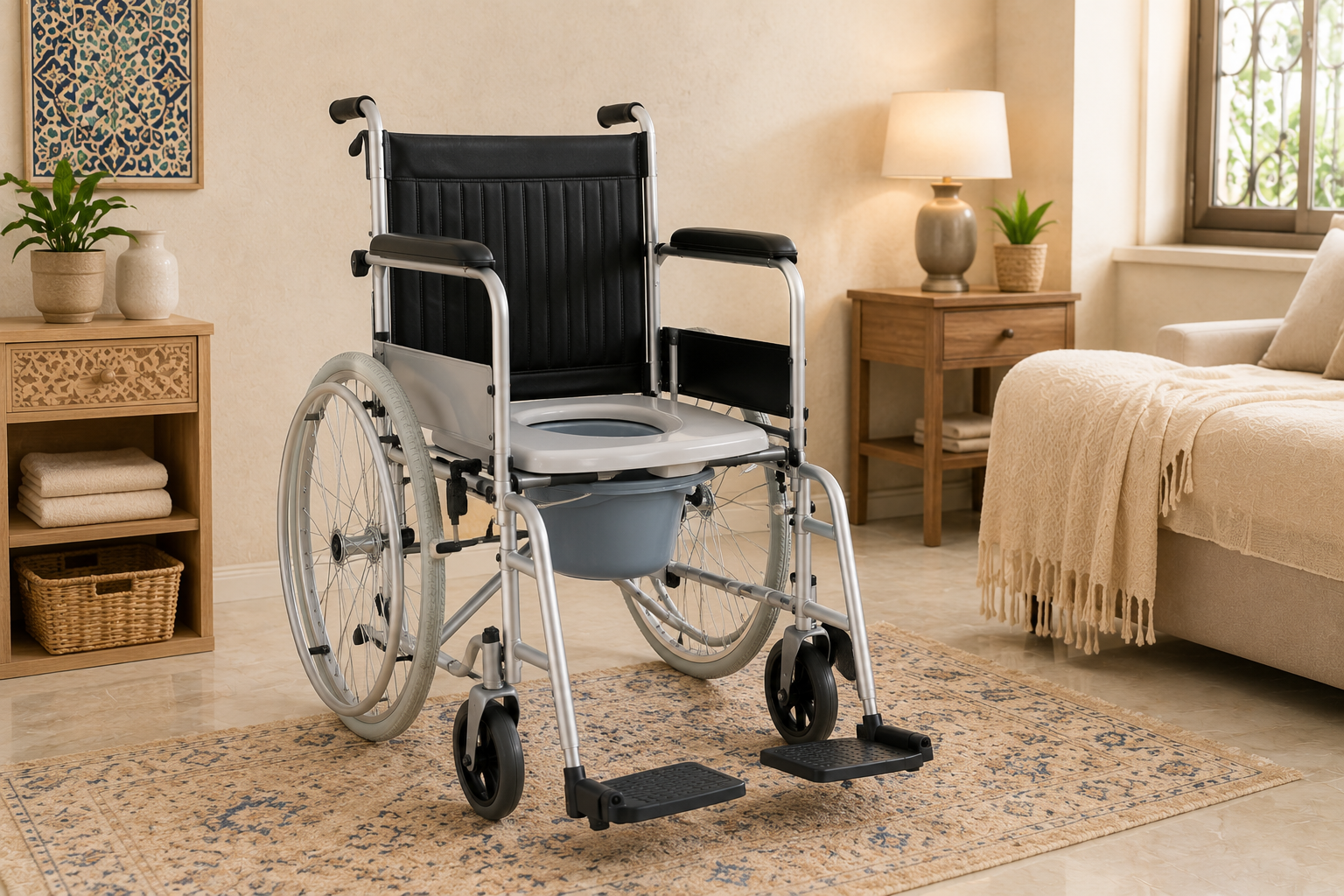 Chaise garde-robe roulante sécurisée installée dans une chambre à domicile au Maroc