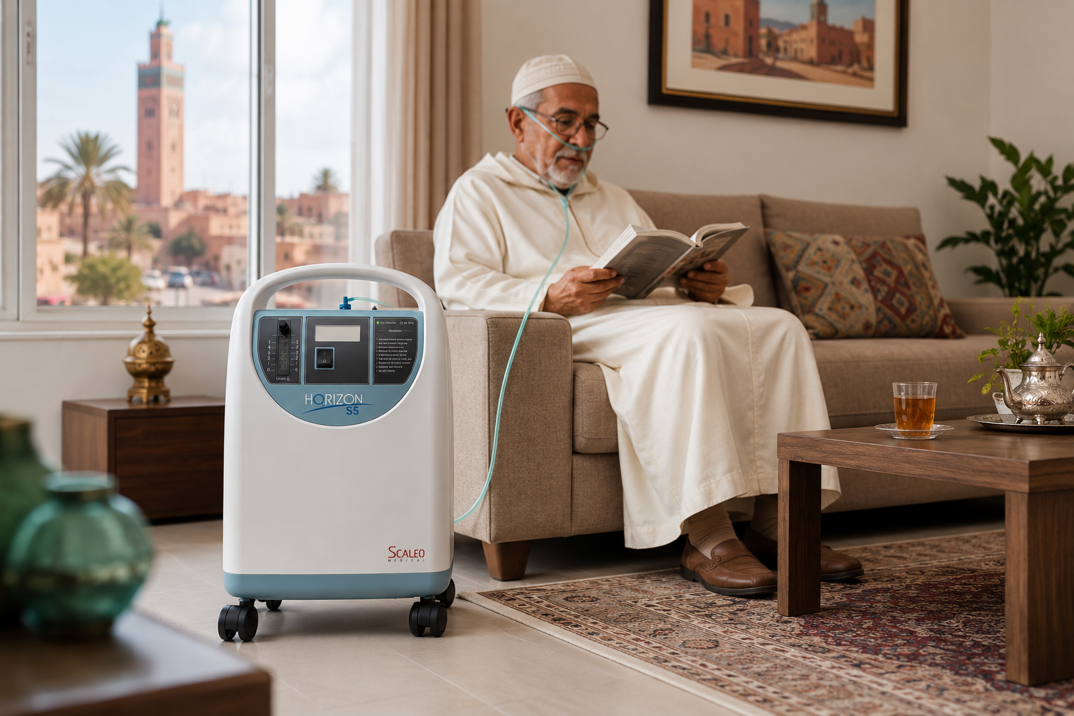 Patient utilisant un concentrateur d’oxygène fixe Horizon S5 à domicile au Maroc