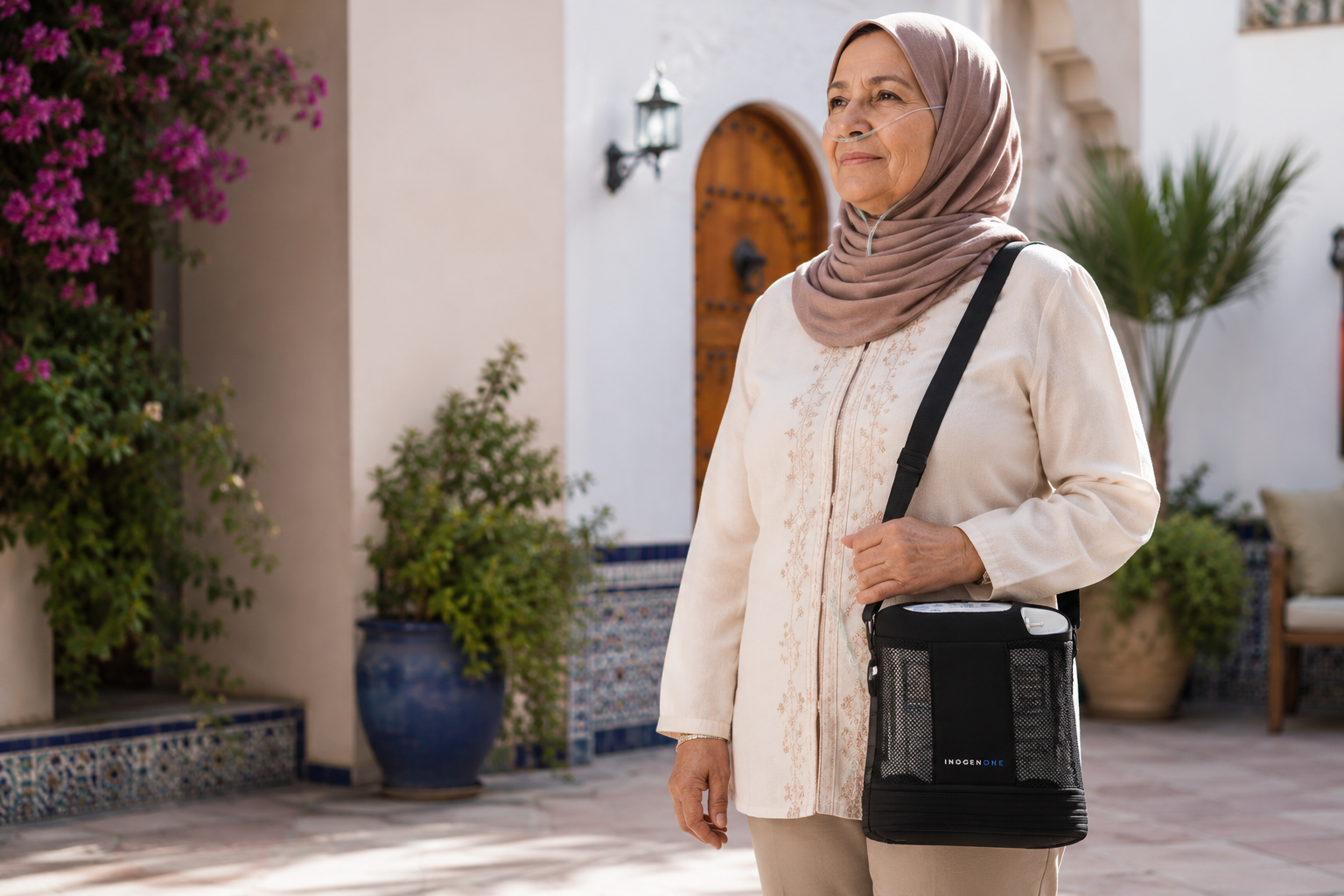Patiente utilisant un concentrateur d’oxygène portable Inogen One G5 au Maroc
