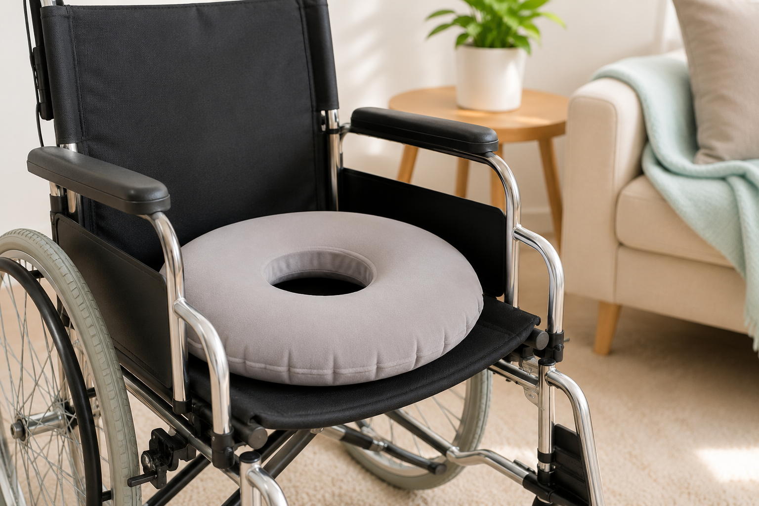 Coussin à air rond installé sur un fauteuil roulant à domicile au Maroc