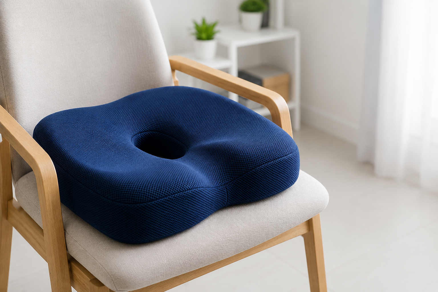 Coussin anti-escarres bleu installé sur un fauteuil à domicile au Maroc