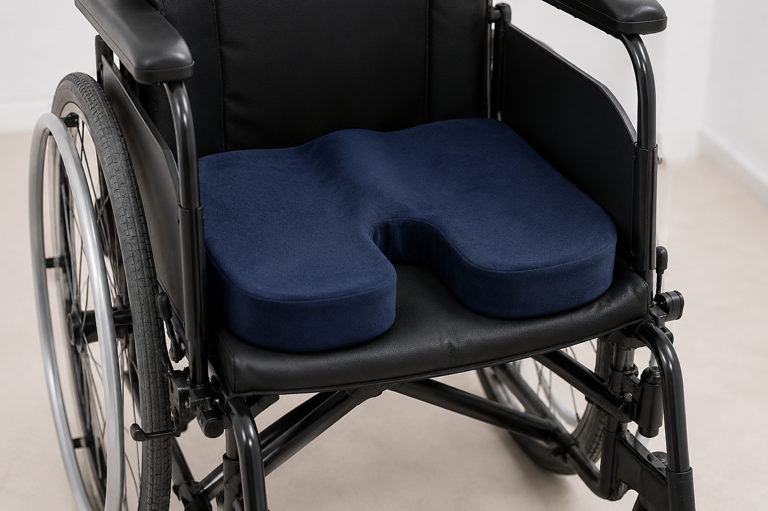 Coussin coccyx à assise évidée installé sur un fauteuil roulant