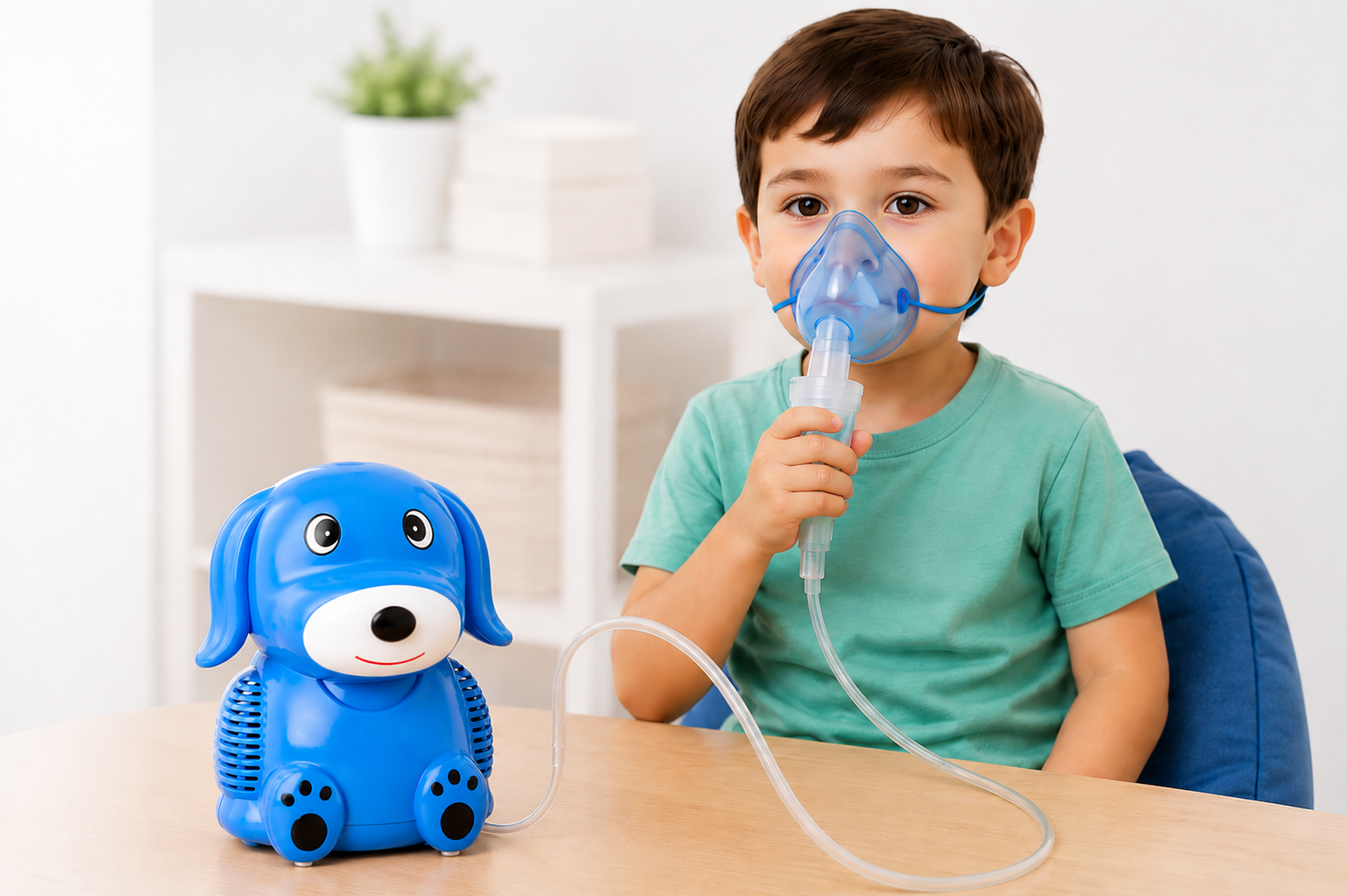 Enfant utilisant un nébuliseur pédiatrique chien à domicile au Maroc