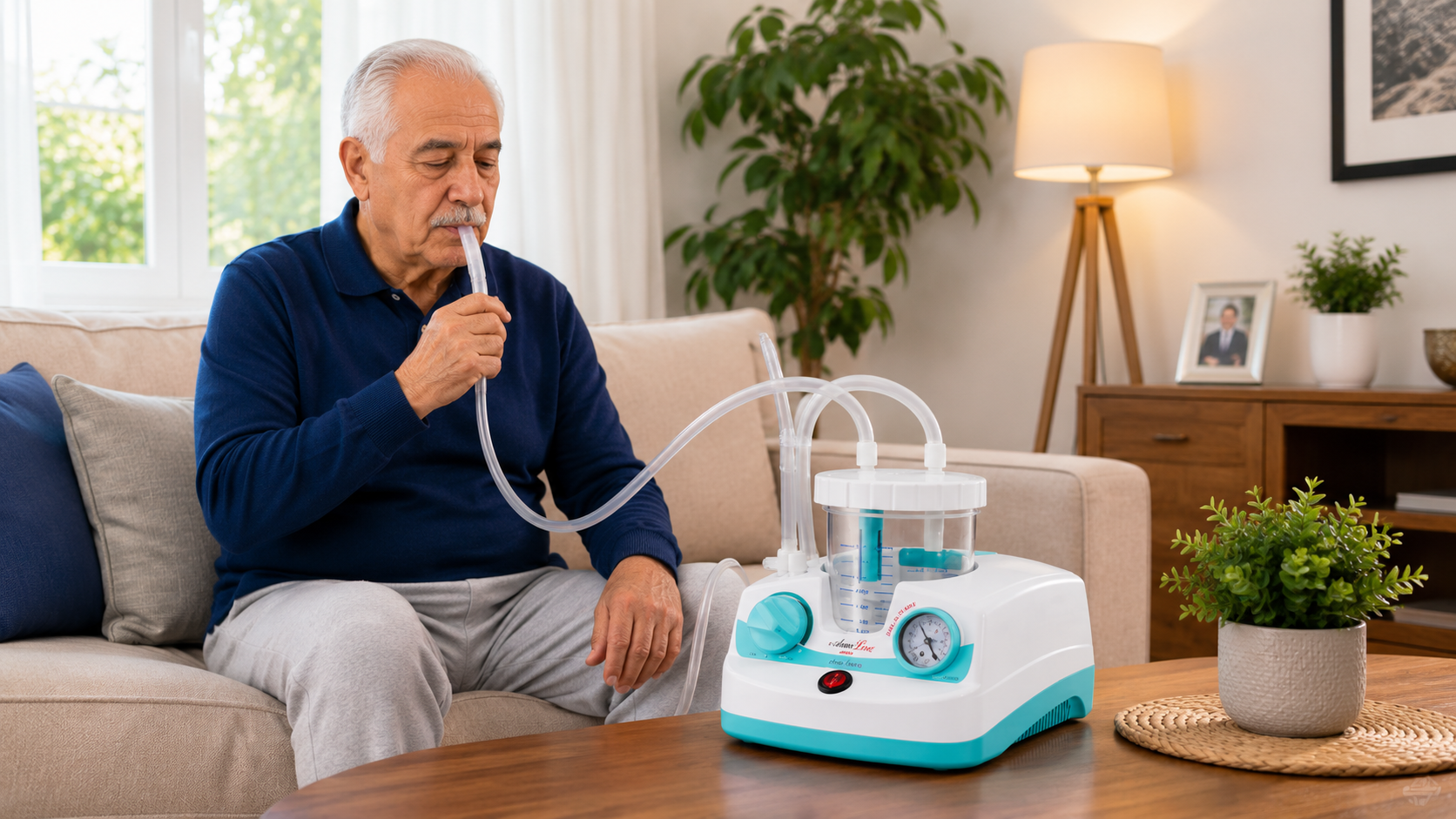 Aspirateur de mucosités utilisé à domicile par une personne âgée au Maroc