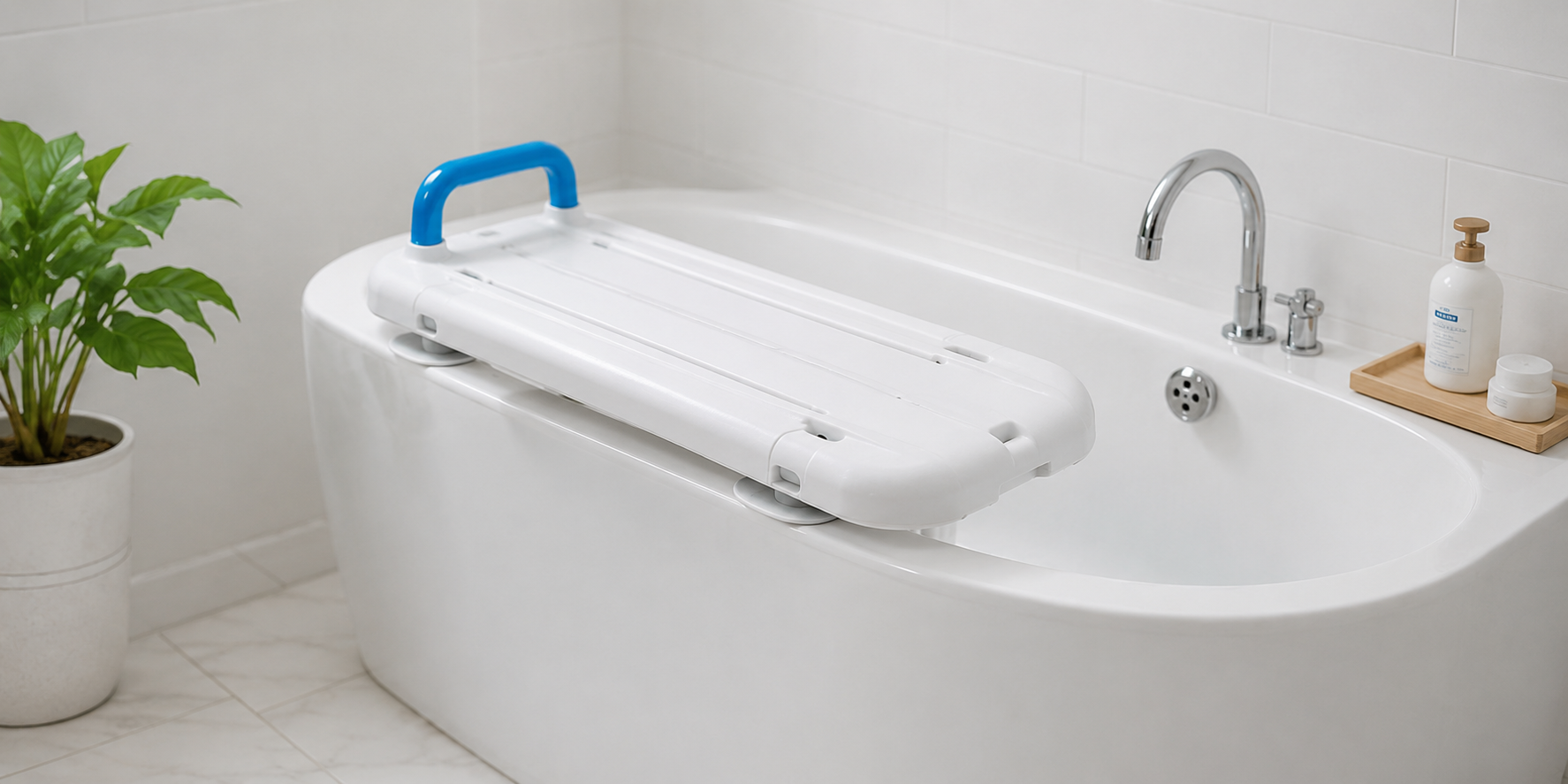 Planche de bain avec poignée installée sur une baignoire à domicile