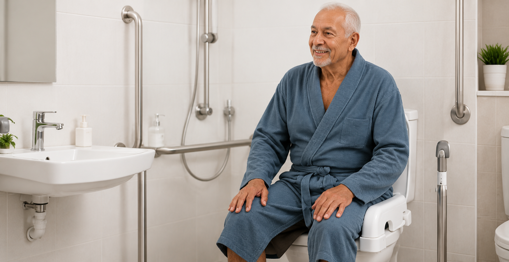 Senior utilisant un rehausseur WC à domicile