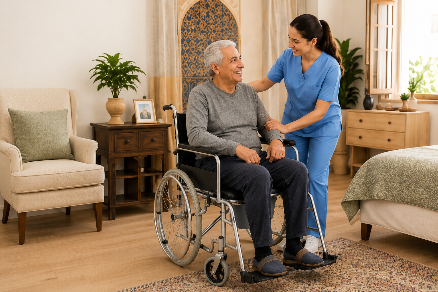 Senior marocain accompagné par une aidante avec une chaise garde-robe à domicile