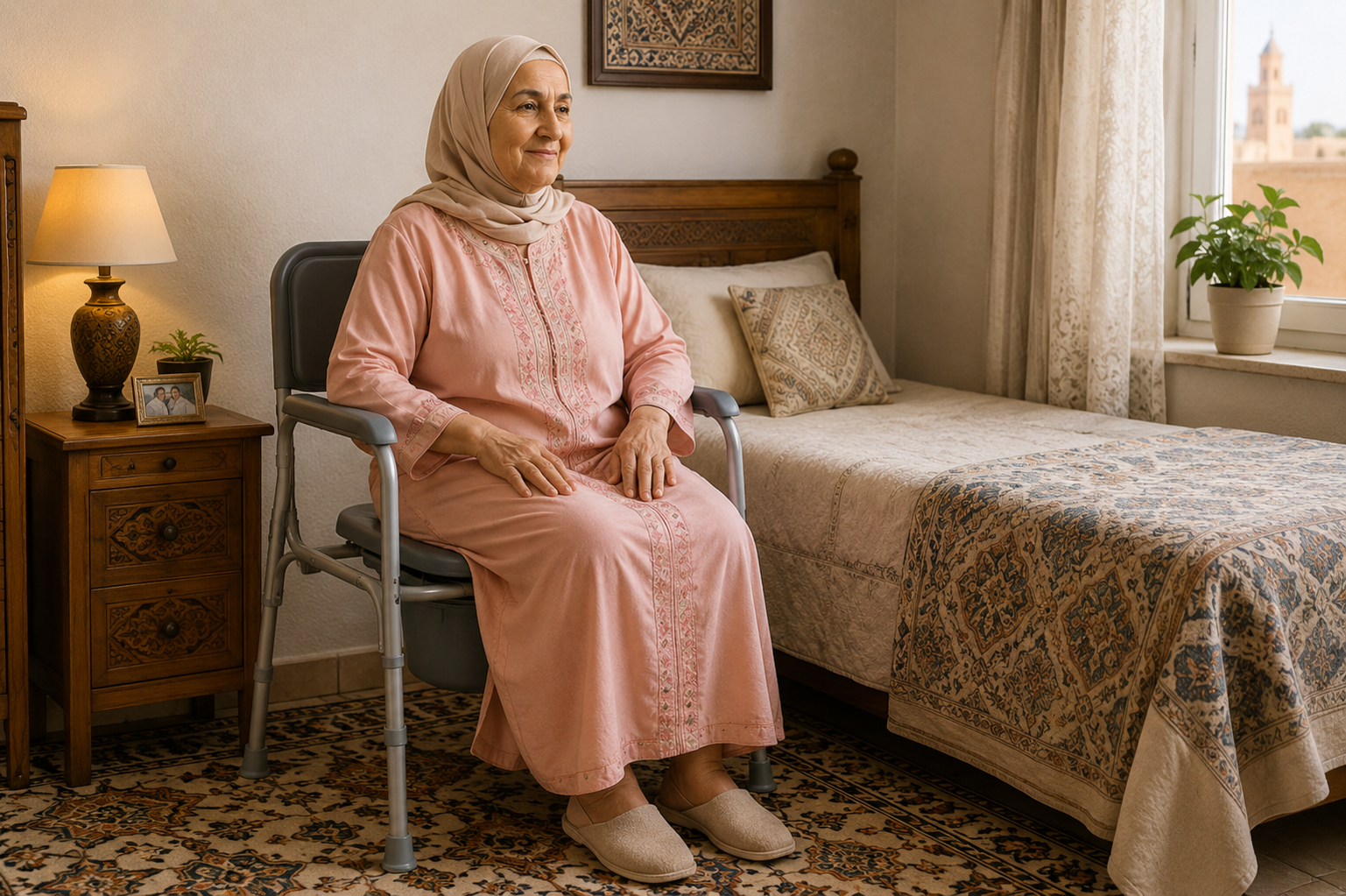 Senior marocaine utilisant une chaise garde-robe à domicile
