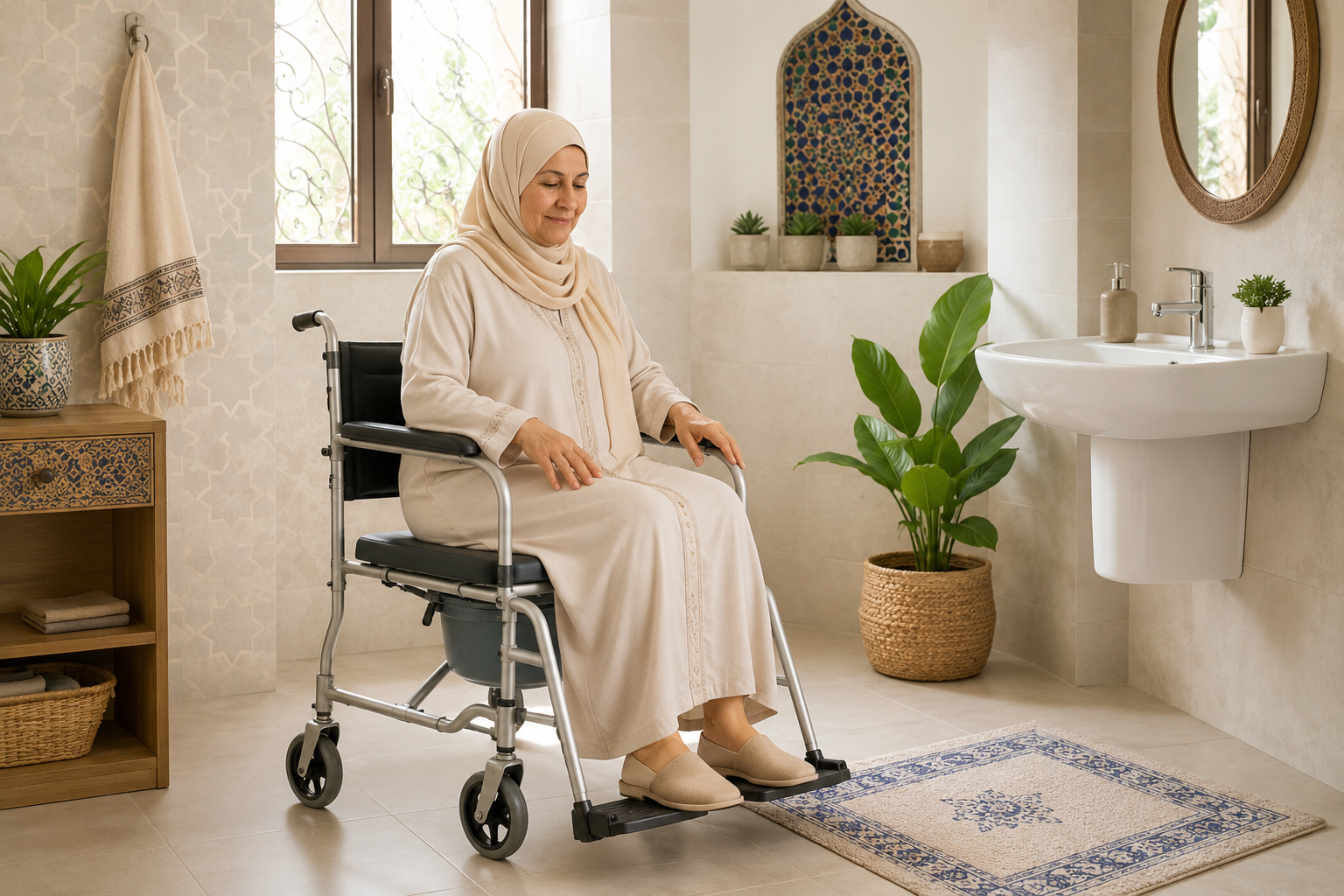 Senior marocaine utilisant une chaise garde-robe à roulettes dans une salle de bain à domicile