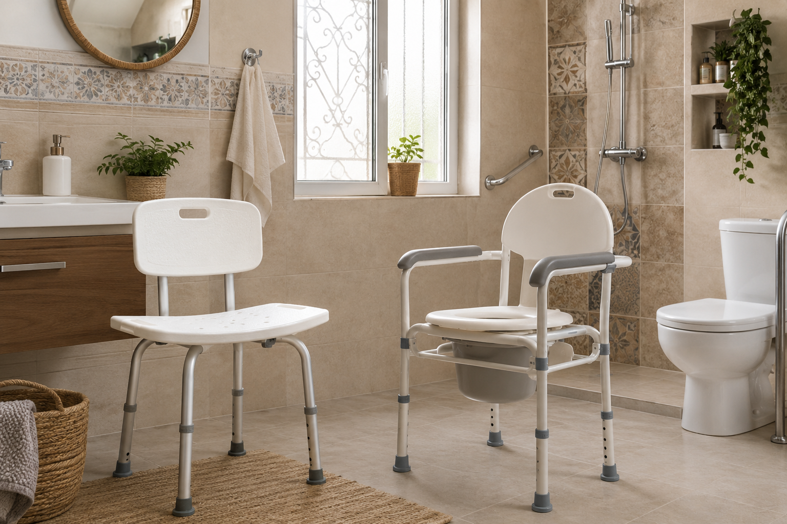 Chaise de douche et chaise garde-robe dans une salle de bain adaptée au Maroc