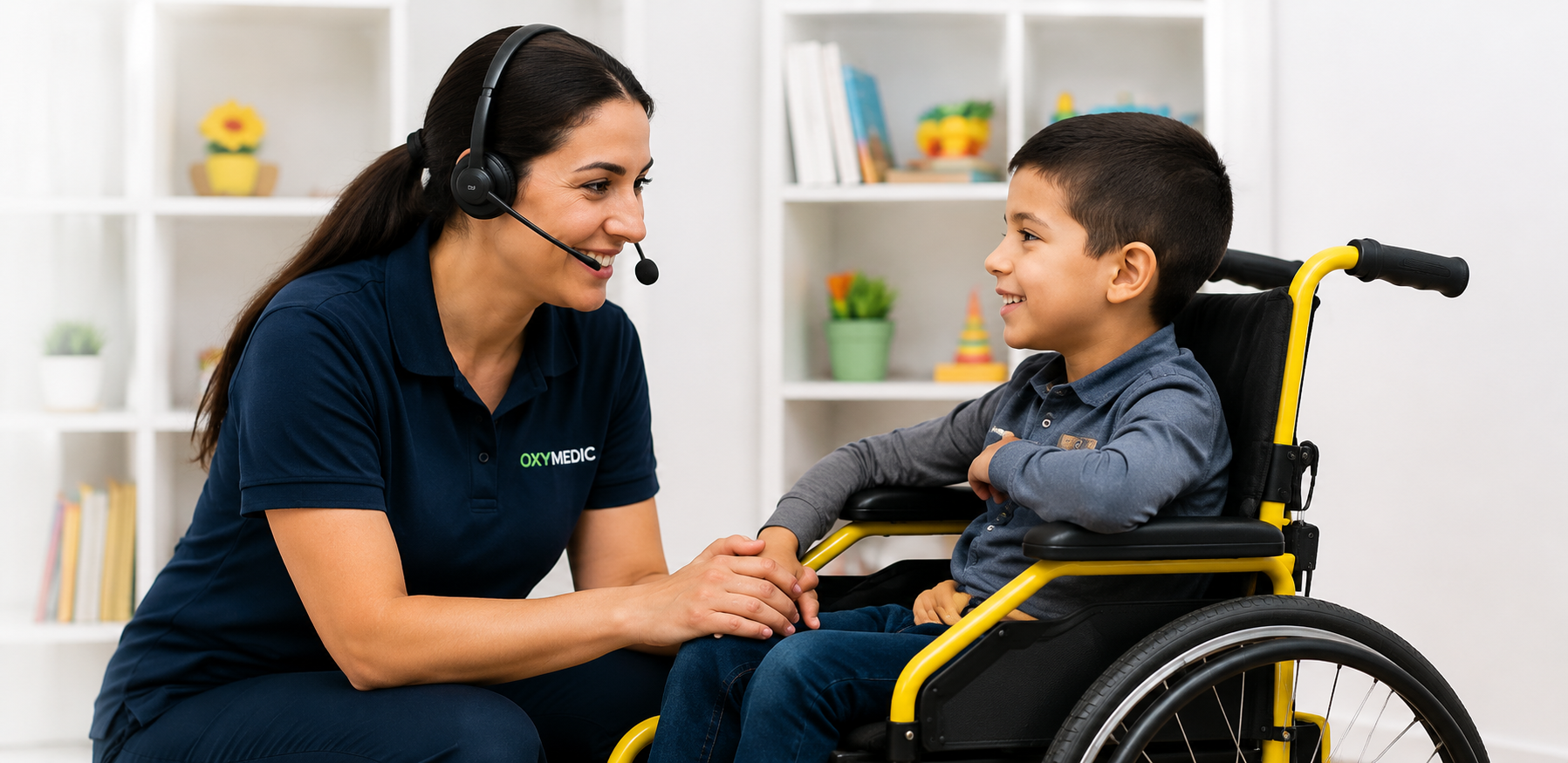 Conseillère OXYMEDIC accompagnant un enfant en fauteuil roulant au Maroc