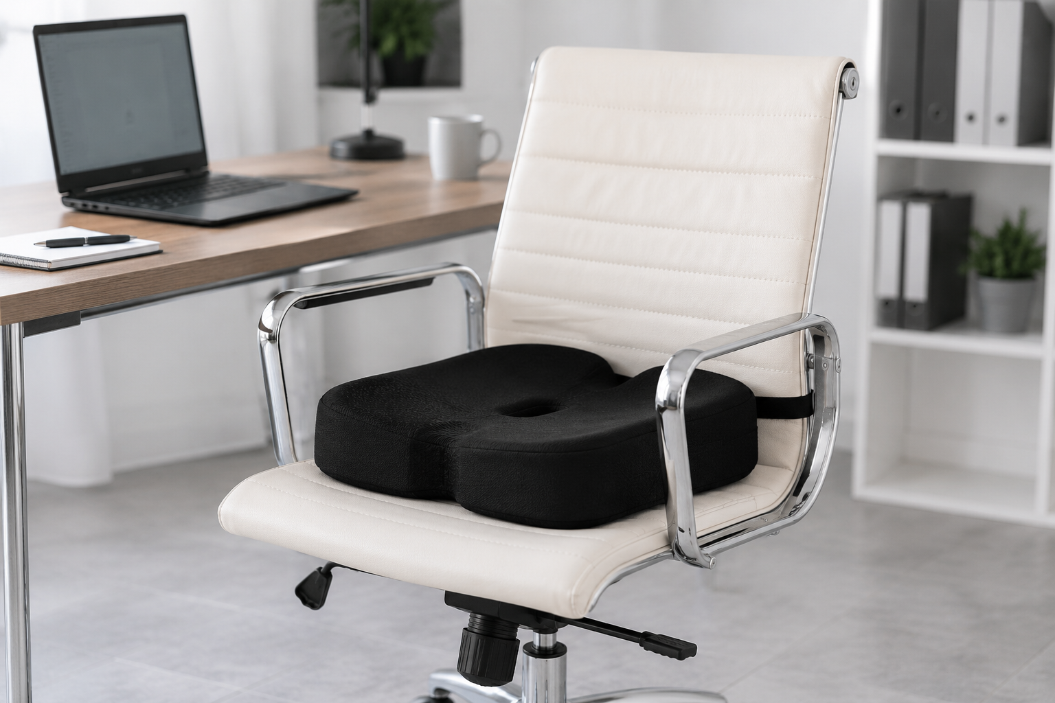 Coussin anti-escarres installé sur une chaise de bureau au Maroc