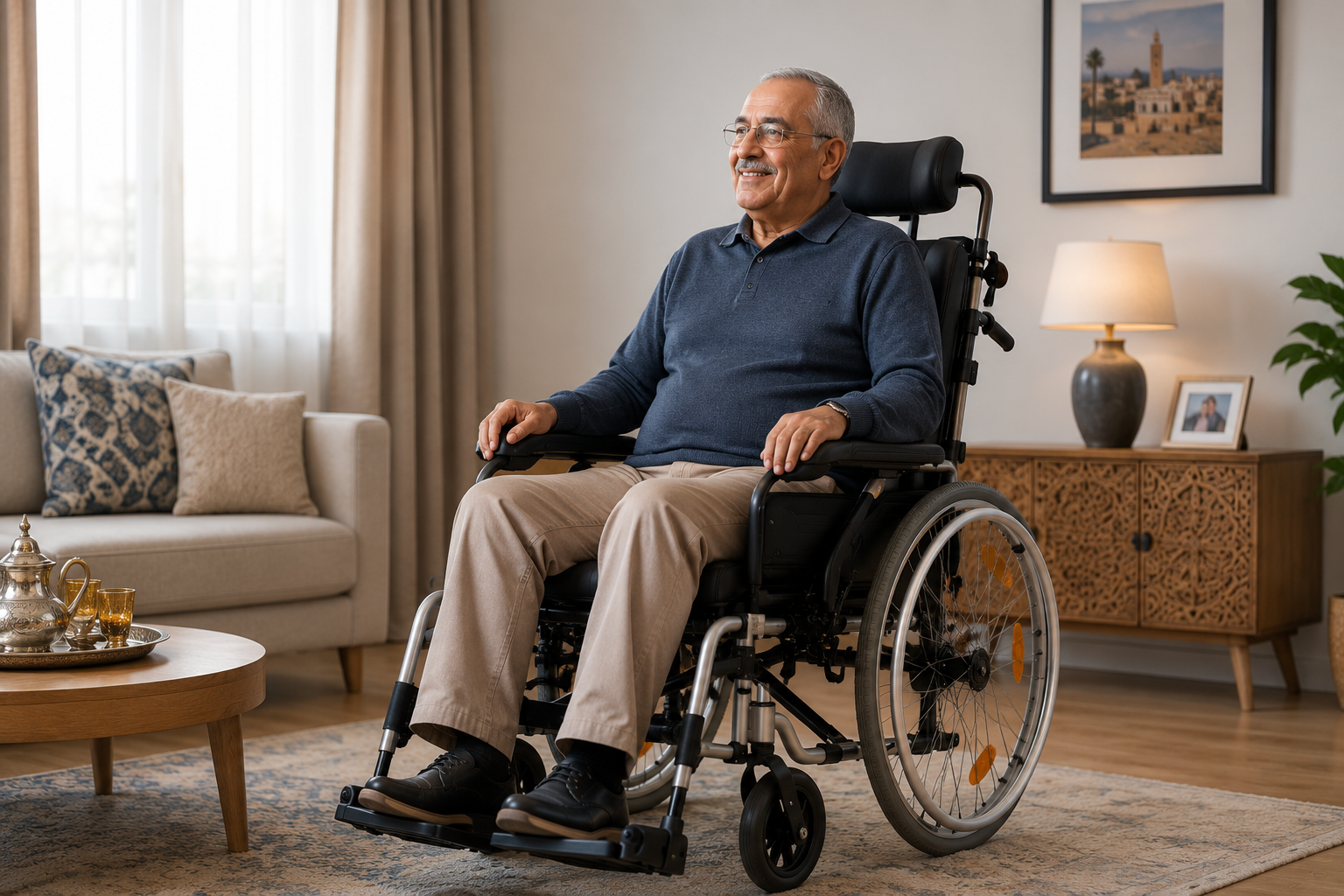 Senior utilisant un fauteuil roulant confort à domicile au Maroc