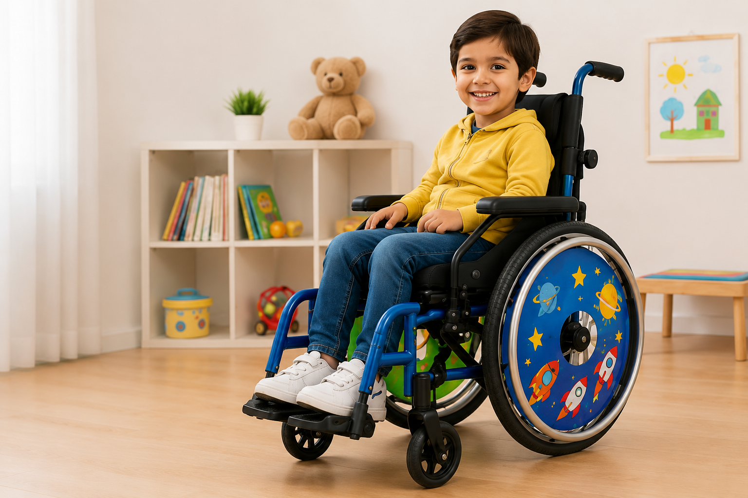 Enfant en fauteuil roulant dans une chambre à domicile au Maroc