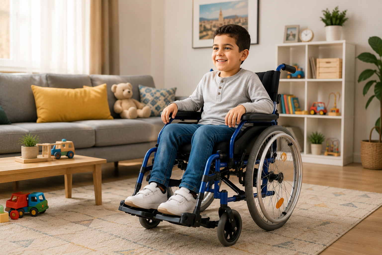 Enfant utilisant un fauteuil roulant adapté à domicile au Maroc