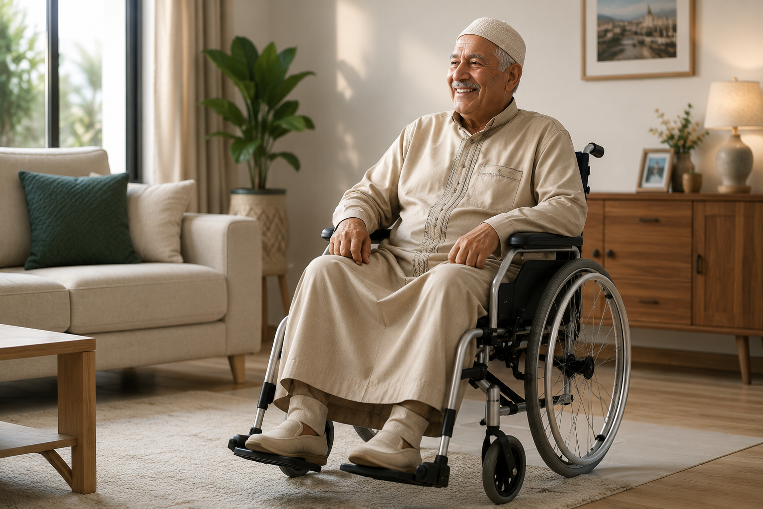Senior marocain utilisant un fauteuil roulant standard à domicile