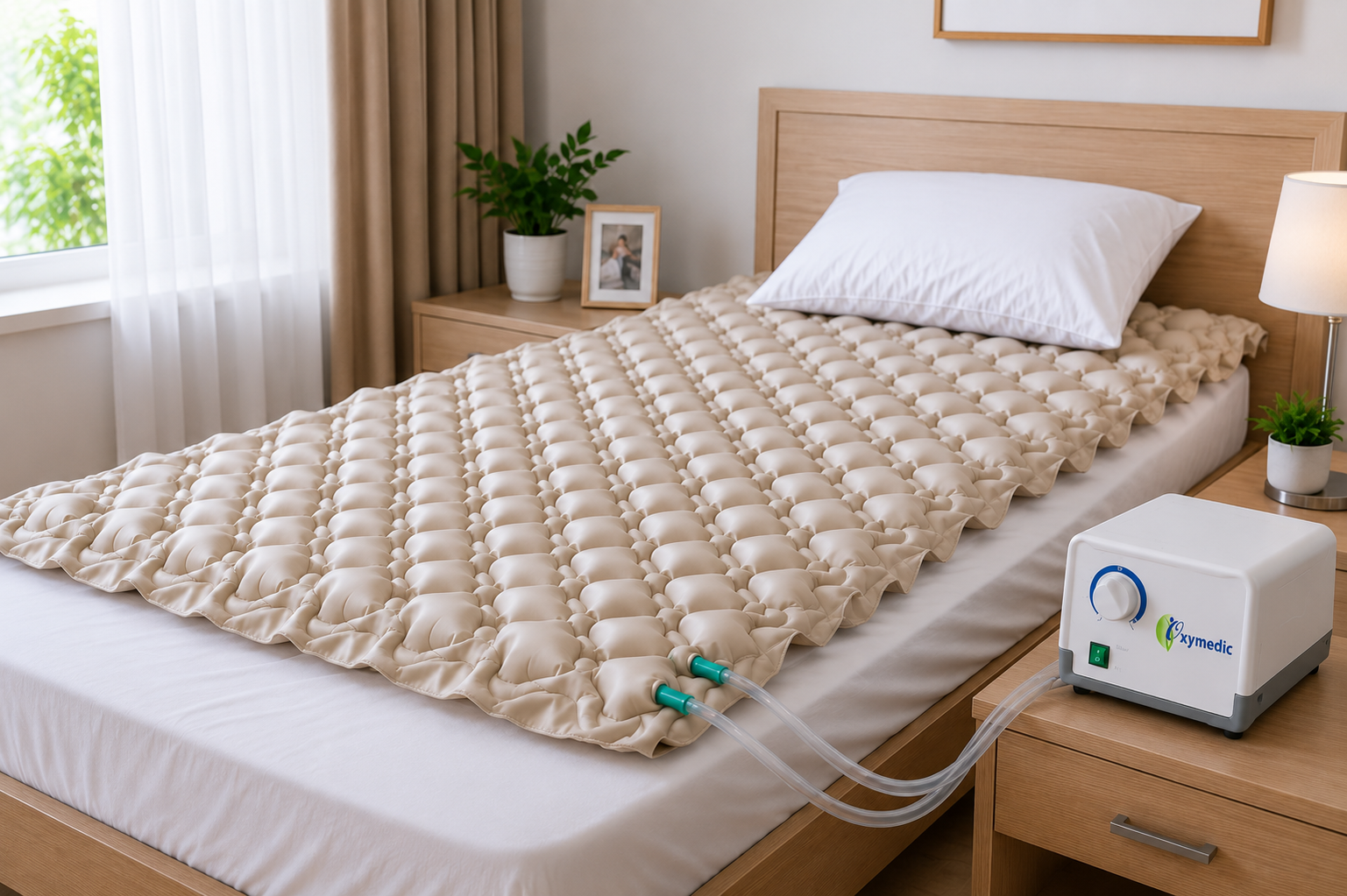 Matelas anti-escarres à air avec pompe Oxymedic pour patient alité à domicile au Maroc