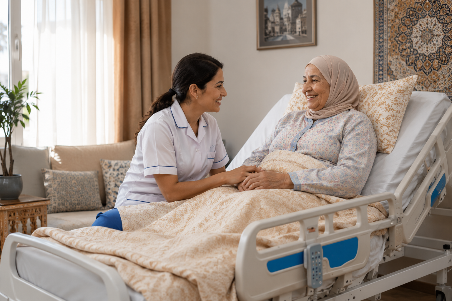 Soins à domicile auprès d’une personne âgée installée dans un lit médicalisé au Maroc