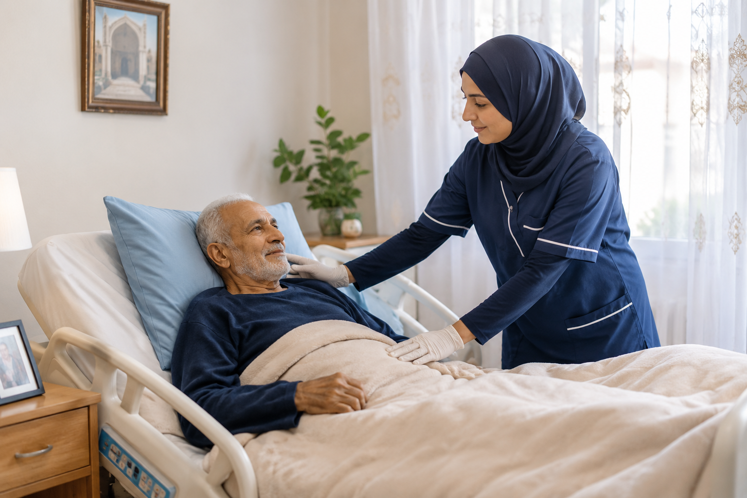 Patient alité sur un lit médicalisé à domicile au Maroc