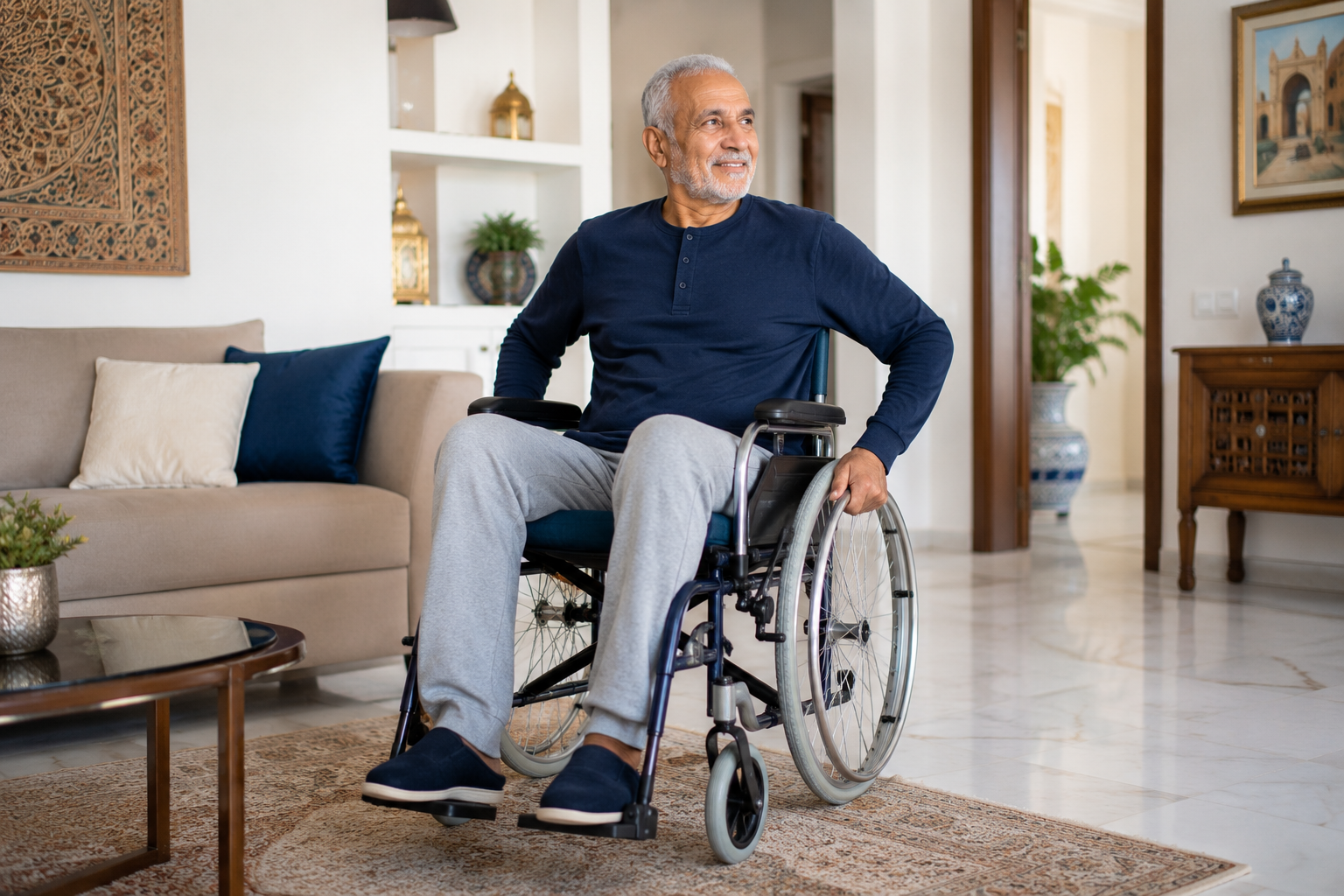 Personne à mobilité réduite en fauteuil roulant à domicile au Maroc
