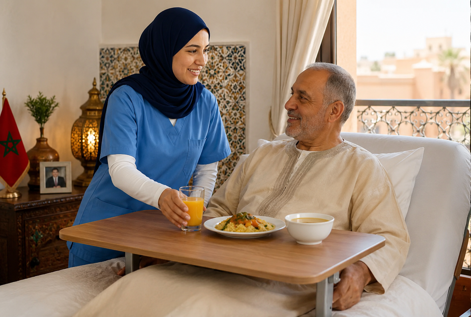 Aide-soignante accompagnant une personne âgée utilisant une table de lit