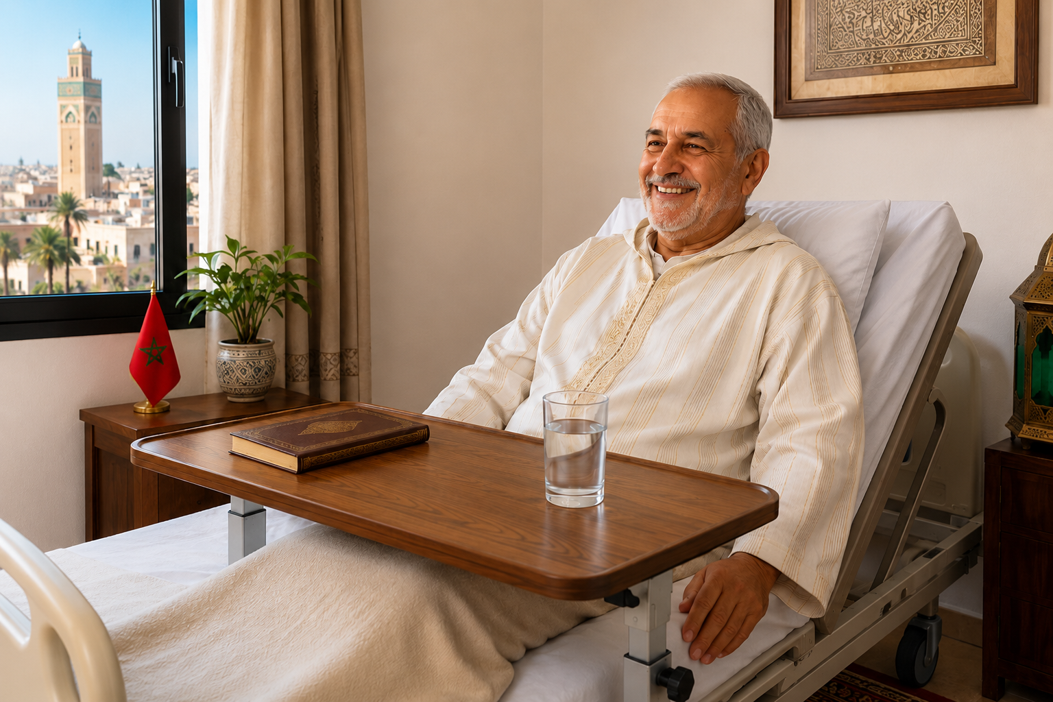 Patient marocain utilisant une table de lit médicalisée à domicile