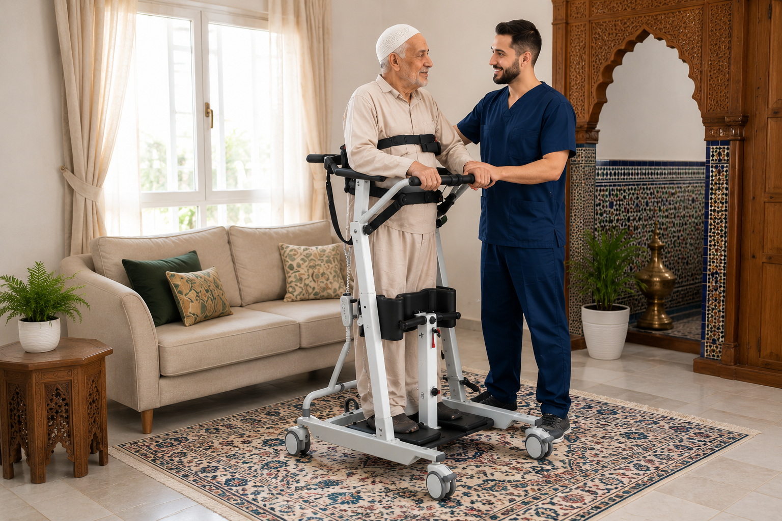 Patient accompagné avec un verticalisateur à domicile au Maroc - Oxymedic